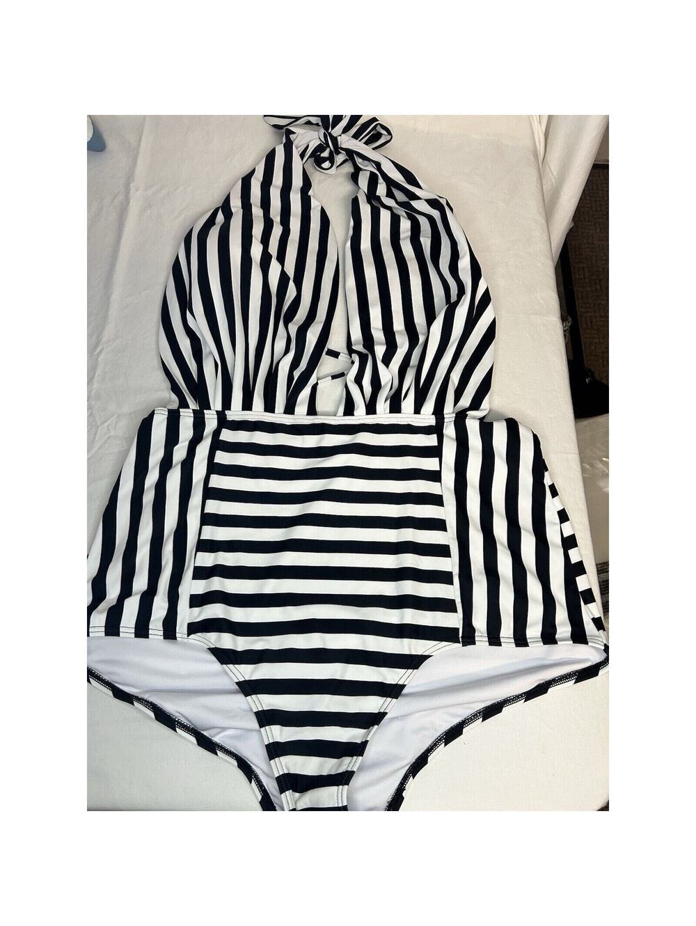 Cocoship Black Striped Sexy Deep V-Swimsuit Womens 14 XXXL Retro Halter Top EUC